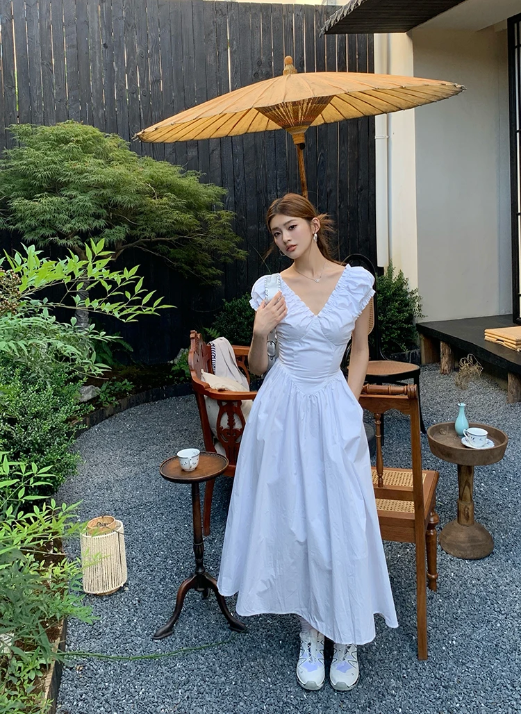 Casual Solid Midi Dresses for Women Korean Chic V-neck Backless High Waist Puff Sleeve A-line Party Dress Summer Vestidos Mujer