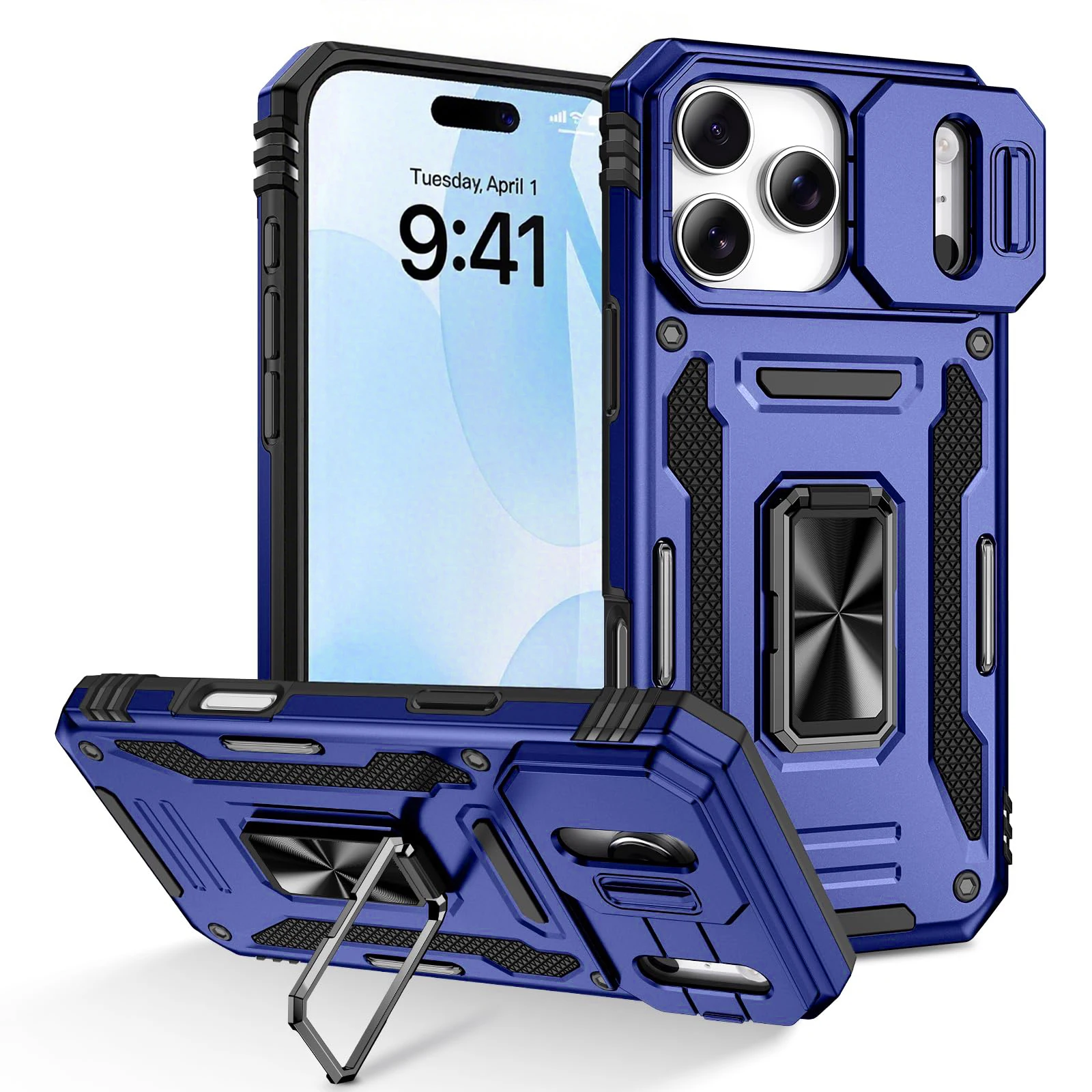 Enhanced Armor Ring Stand Kickstand Case with Slide Camera Cover and Anti-Fall Protection