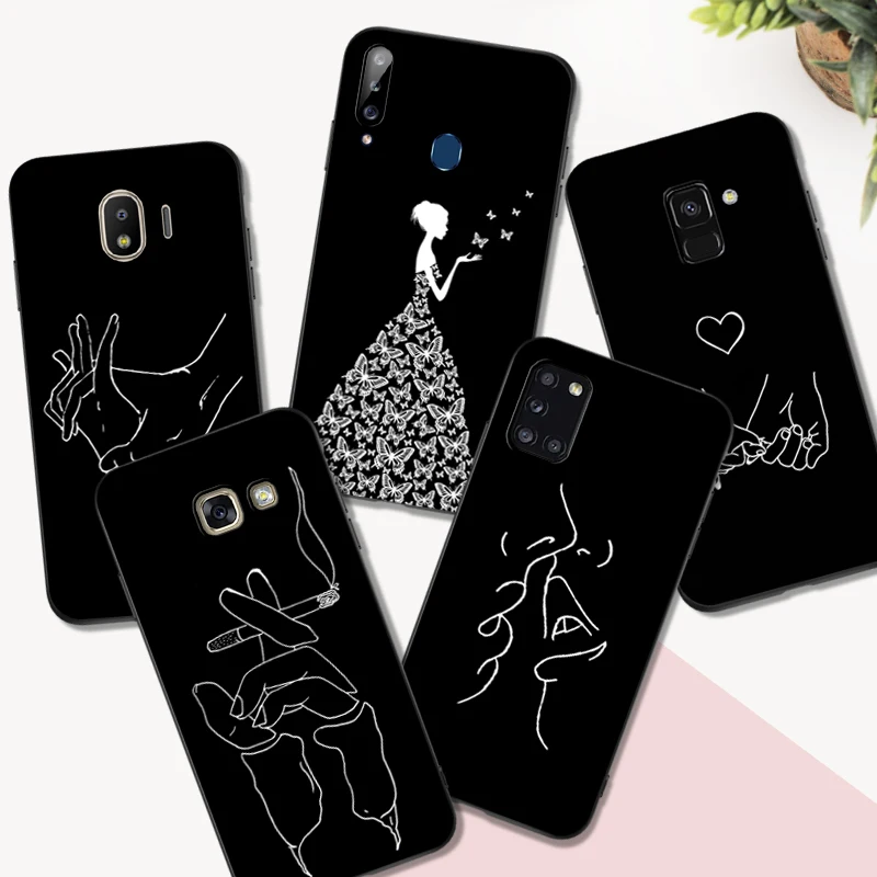 Custodia In Tpu Nero Per Samsung Galaxy A3 A5 A7 2016 2017 2018 Cover Art White Line Kiss Love Heart