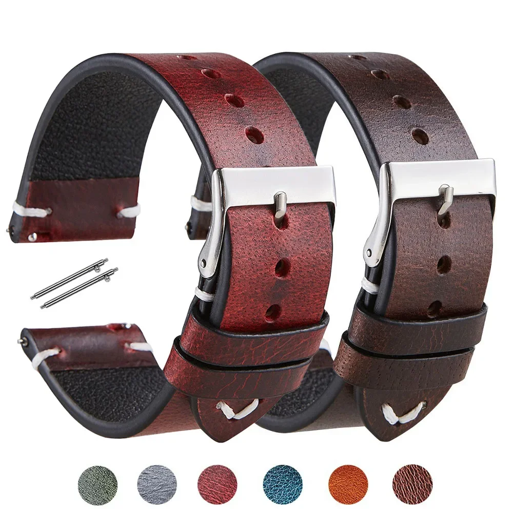 Premium Retro Oil Wax Leather Sport Watch Strap - Waterproof Quick Release Calfskin Wristband
