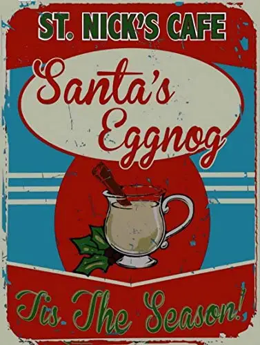 

Lplpol St. Nick's Cafe, Santa's Winter Eggnog, Tis The Season! Christmas Holiday Signs Vintage Look Reproduction Metal Tin Sign