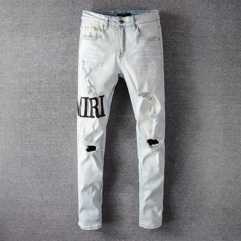 

High Street Embroidery Letter Jeans Men Fashion Brand Designer Ripped Hole Slim Fit Jeans Trousers Hip Hop Party Jeans Pants Men