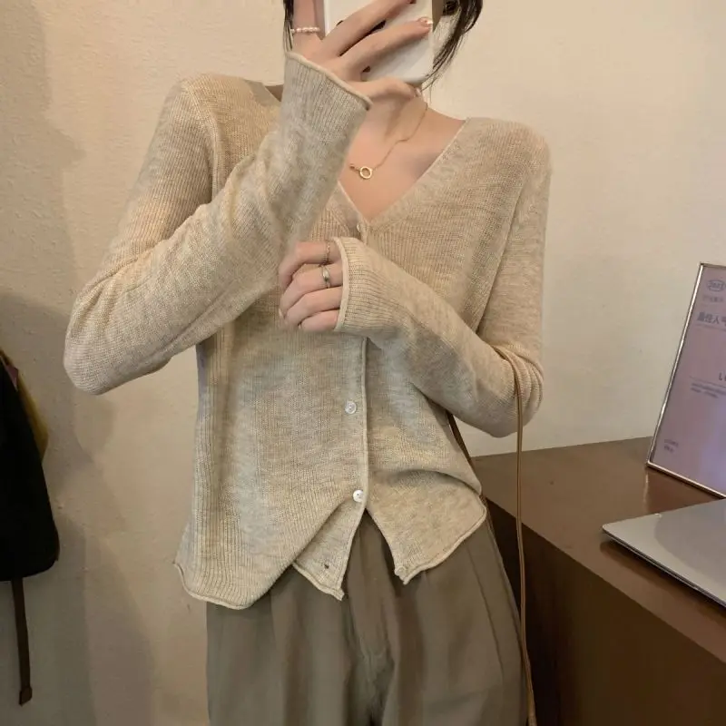 Summer Elegant Fashion Korean Style Women's Shirt Solid Color Simplicity Long Sleeve V Neck Button Open Stitch Loose Y2K Tops