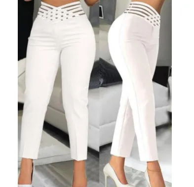 thumbnail image 1 of Pantalones elegantes de oficina de pierna ancha, de moda, informales, con parche de malla transparente entrecruzado, de cintura alta, acampanados para mujer, ropa de calle Y2k 2024, 1 of 4