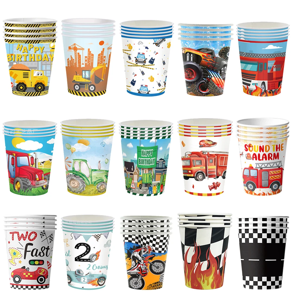 Car Theme Disposable Paper Cups - Cartoon Truck Racing Birthday Party Decorations, 10/30 Pack