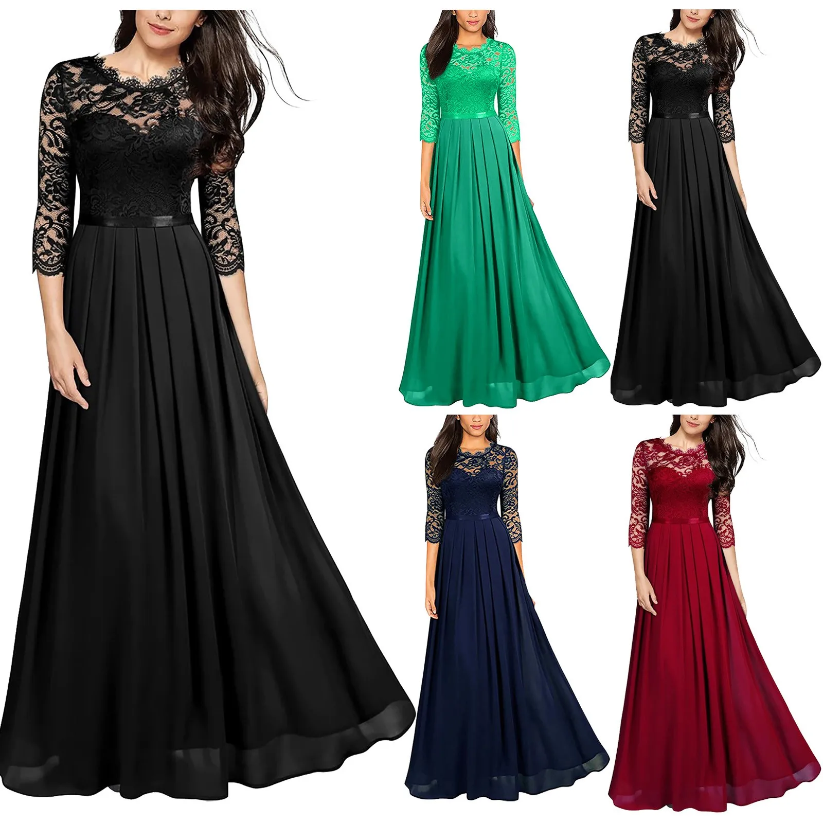 Vestidos de chiffon y encaje con tirantes finos Plata Tallas Grandes
