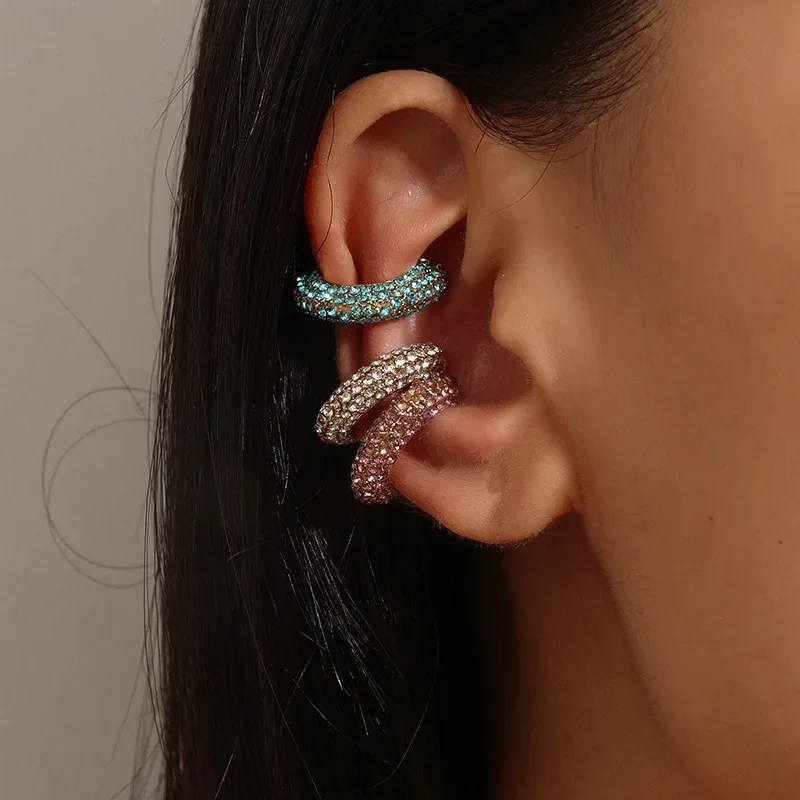 Women Jewelry Personality Accessories C-Shape Rhinestones Ear Clips Bohemian Colorful Ear Cuff Luxury Clip On Earring