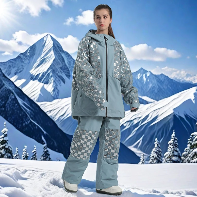 

Winter Sequins Ski Suit Woman Warm Waterproof Snowfield Tracksuit Couple Loose Snow Clothes Skiing Sport Men Jacket Pants Set