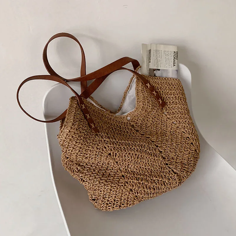 Summer Bucket Straw Bags for Women Rattan Shoulder Bag High