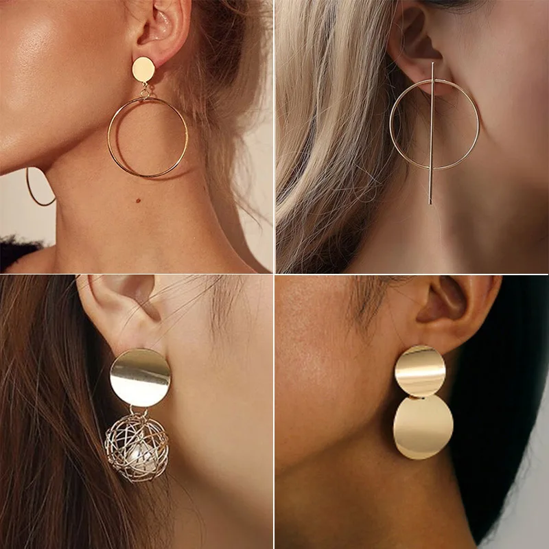 Fashion Round Dangle Korean Drop Earrings for Women Geometric Round Heart Gold Color Earring Trend Wedding Jewelry