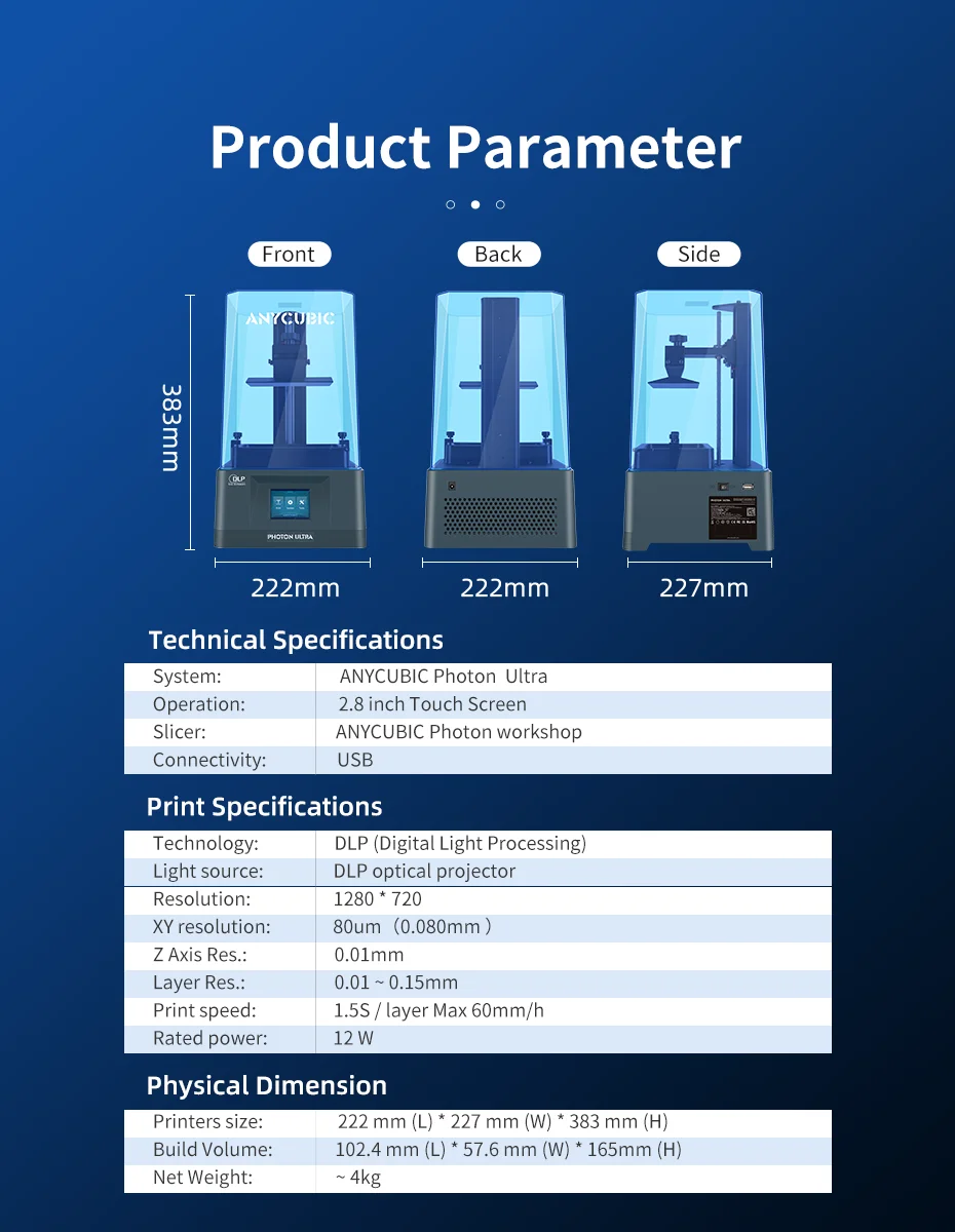 3D Printer ANYCUBIC Photon Ultra Fast Print Speed 6cm/hour Energy Saving 12W Low Power Quiet Printing Desktop DLP 3D Printer