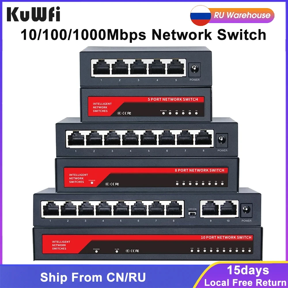 KuWFi Gigabit Network Switch 1000Mbps  Ethernet Switch 5/8/10 Port RJ45 LAN Hub Desktop Fast Switch for Office Dormitory Home