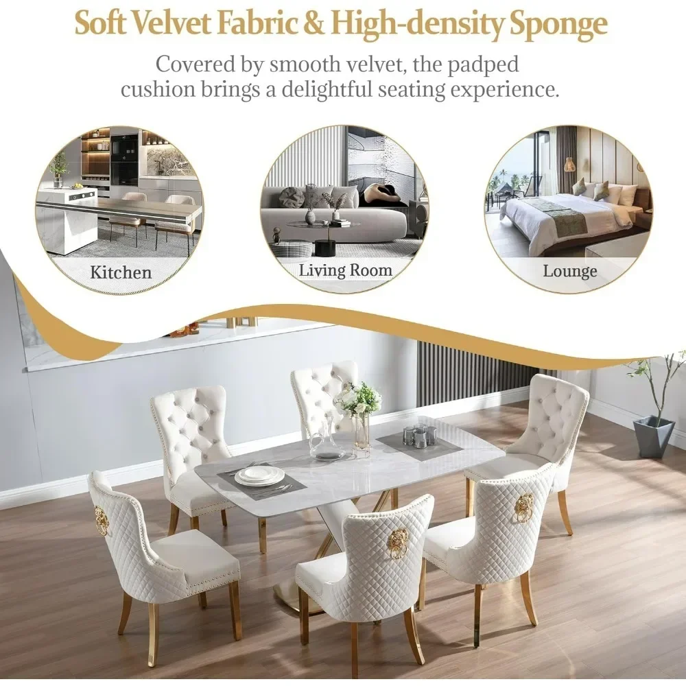Dining Chairs Set of 6, Luxury Velvet Tufted Legs & Nailhead Trim, Back Lion Head Pull Ring & Rhomboid Pattern, Kitchen Chairs 4