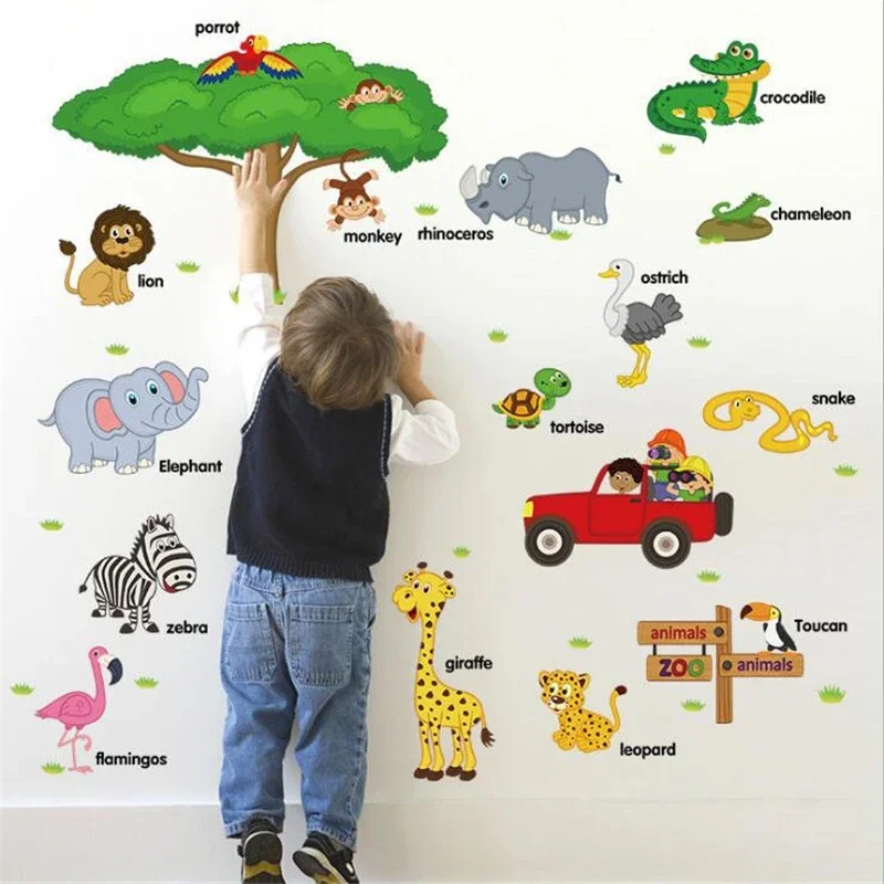PVC Cartoon Animal English Teaching Wall Sticker Children's Room Kindergarten Decoration Wall Sticker Removable 60X90cm