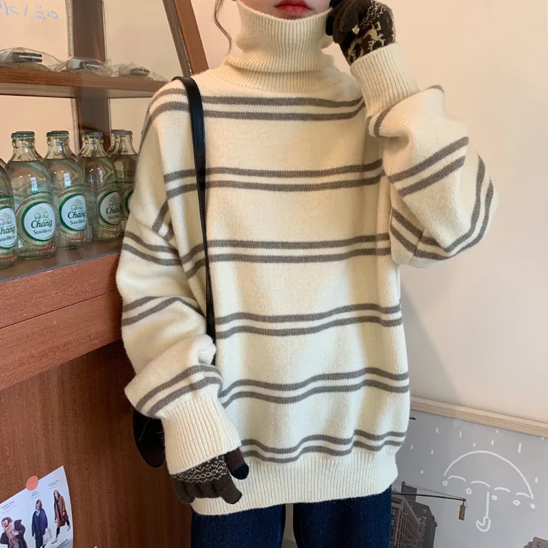 

2023 Autumn and Winter New High Neck Pullover Leisure Style Loose Bottoming STop Idle Style Striped Knitted Sweater for Women