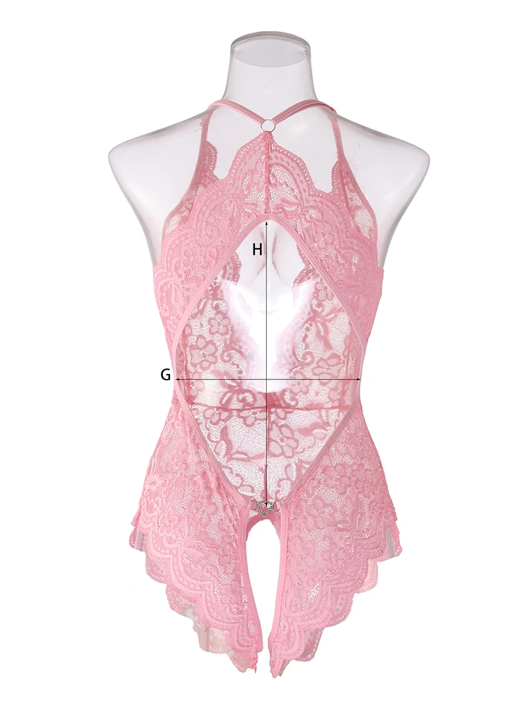 Sexy Lingerie Women Hollow Erotic Pajamas Lace Nightdress Sex Babydolls Crotchless Clothes Transparent Dress Pink Party Nighties