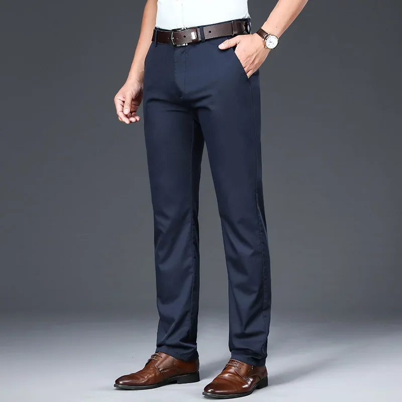 Pantalones Casuales Para Hombre - Color Liso, Tejido De Poliéster, Fáciles De Cuidar, Ideales Para Oficina Y Trabajo