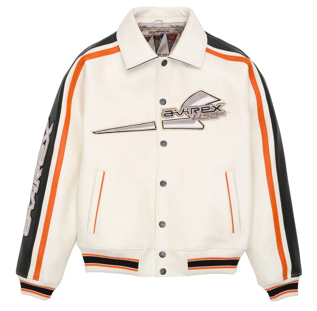 

Jacket Varsity Colorblocking Men's Genuine Leather apparel America Size French Sheepskin Autumn Winter Warm Thickness Coat
