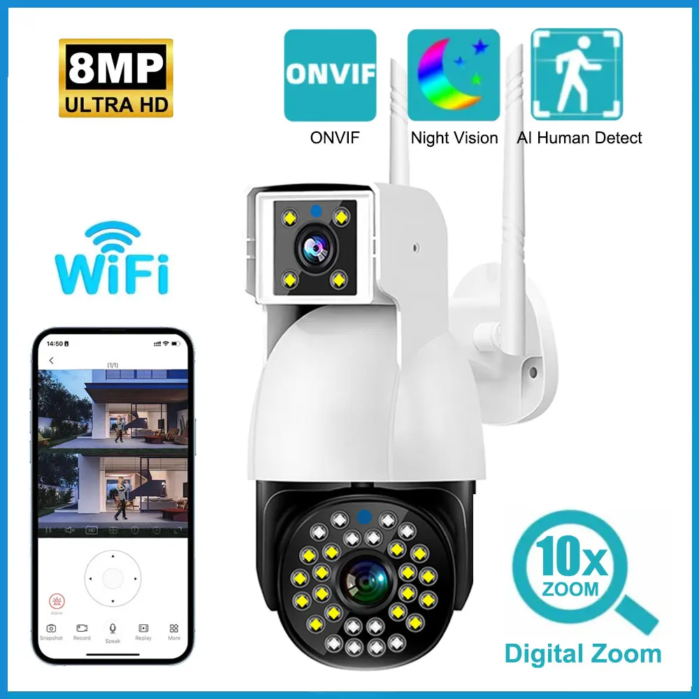 8MP 4K WIFI IP Camera Dual Lens Outdoor Night Vision AI Human Detect Auto Track CCTV Surveillance Web Camera Security Protection
