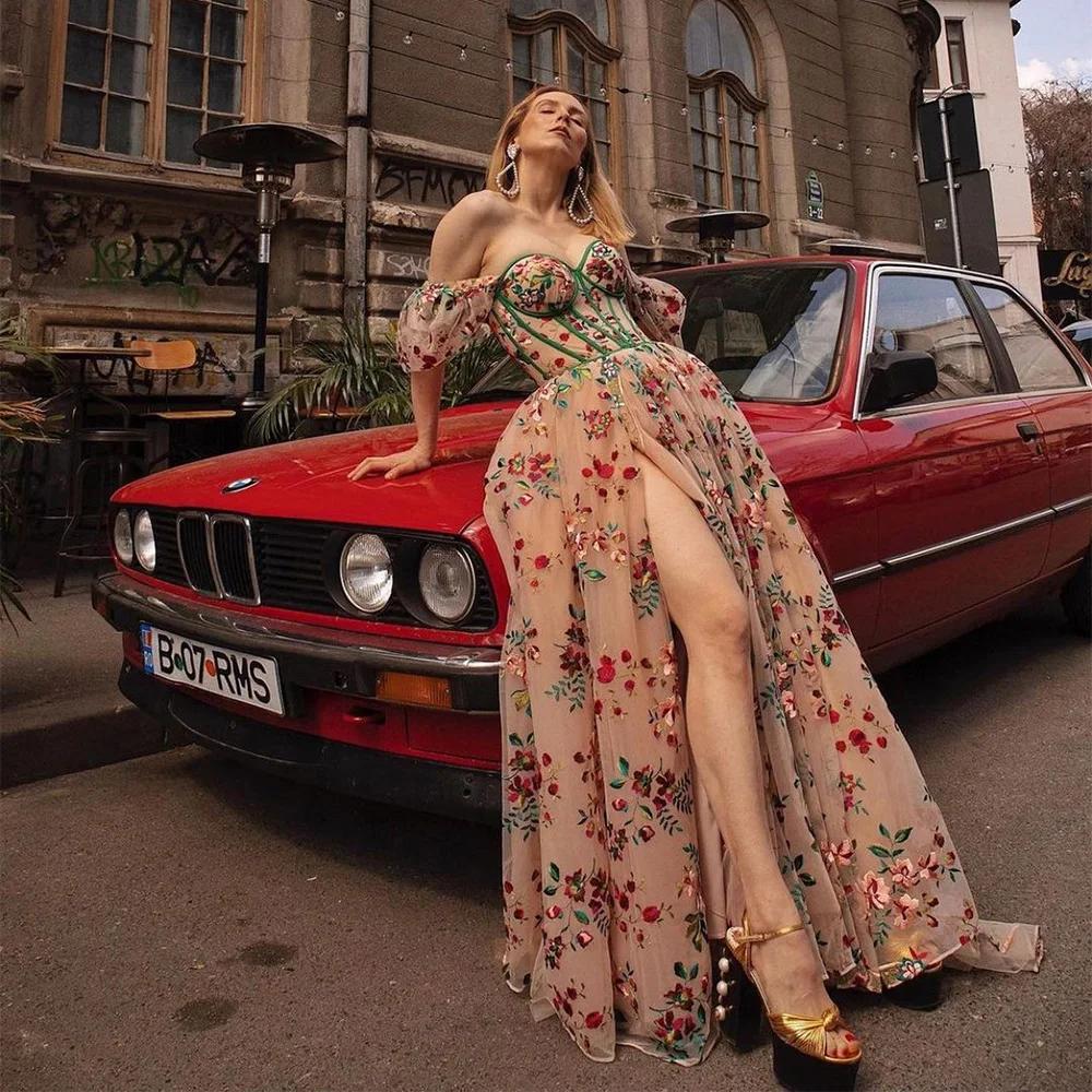 

Sevintage Champagne Floral Embroidery Lace Prom Dresses Sweetheart High Side Split A-Line Evening Gowns Formal Party Dress 2023