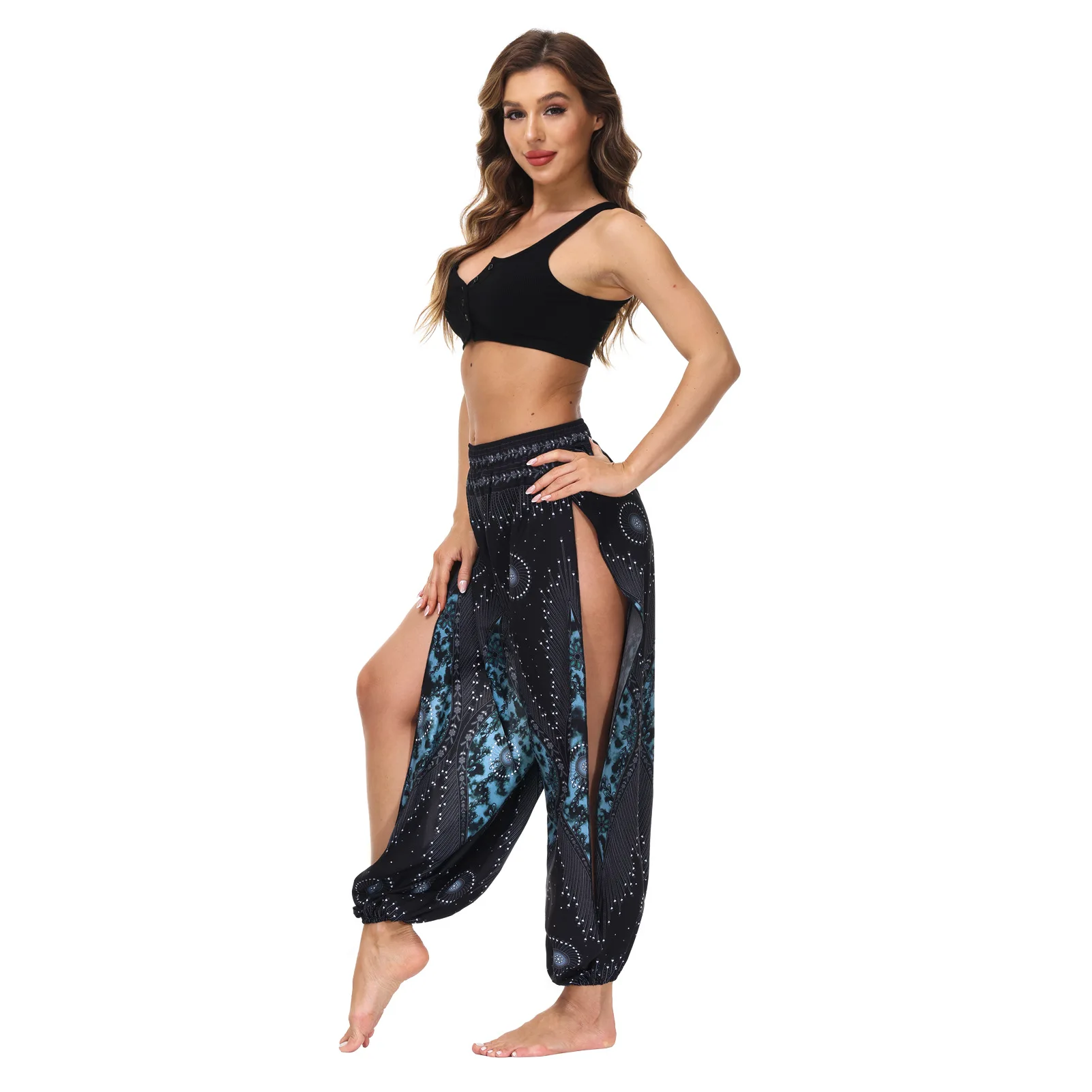 

Women Harem Yoga Pants Side Slit Sport Workout High Slit Harem Pants Hippie Boho Trousers