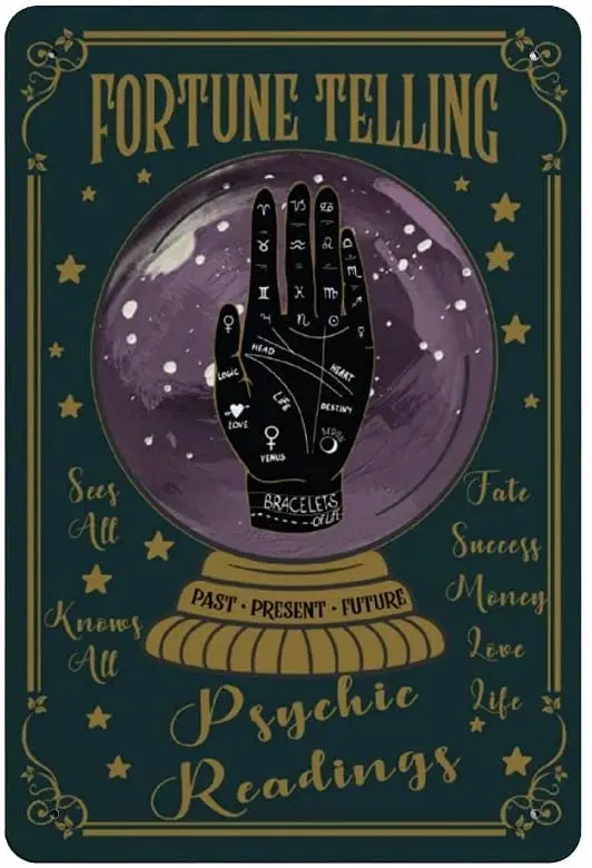 

WZVZGZ Vintage Tin Sign Metal Plaque Fortune Teller, Crystal Ball, Palmistry, Psychic Readings Metal Sign Iron Painting Retro Wa