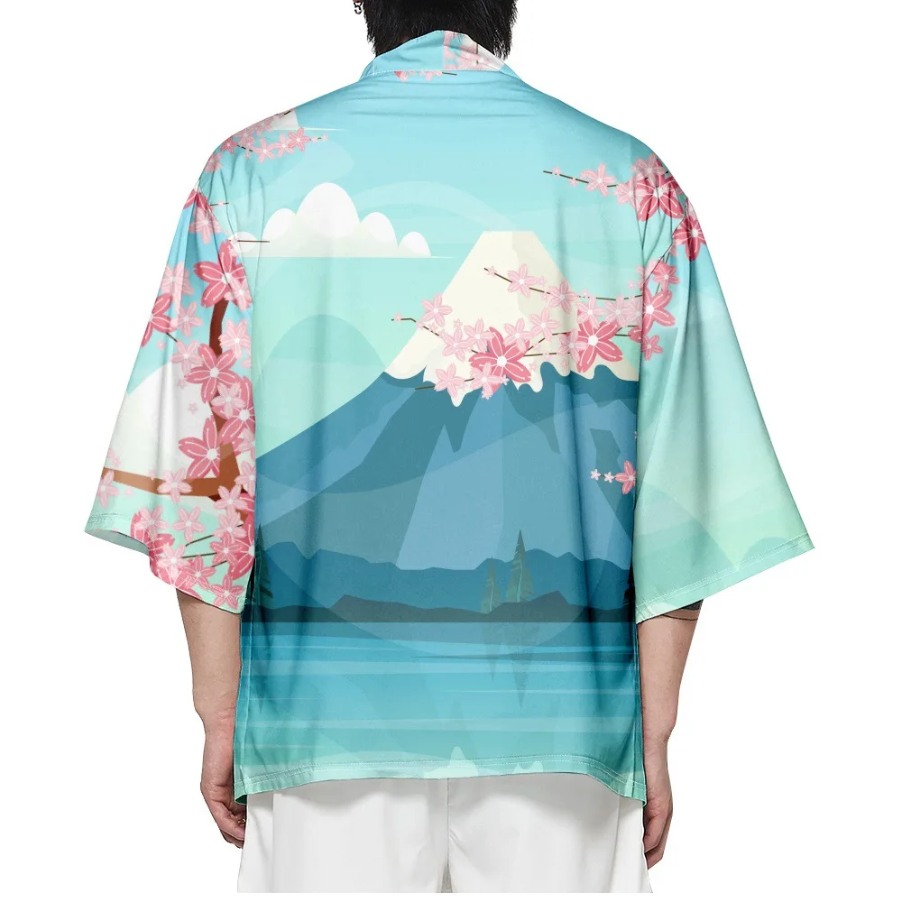 Summer Men Loose Japanese Style 3/4 Sleeve Kimono Traditional Cardigan Haori Women Harajuku Streetwear Shirts