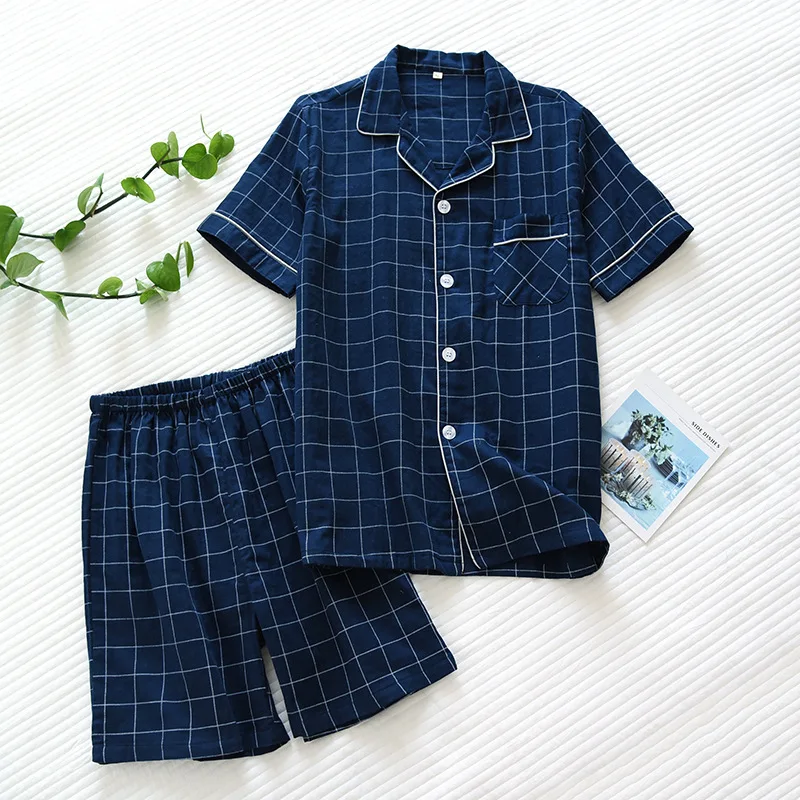 Summer men's pajamas two-piece cotton gauze short-sleeved shorts simple plaid loose casual breathable home service suit