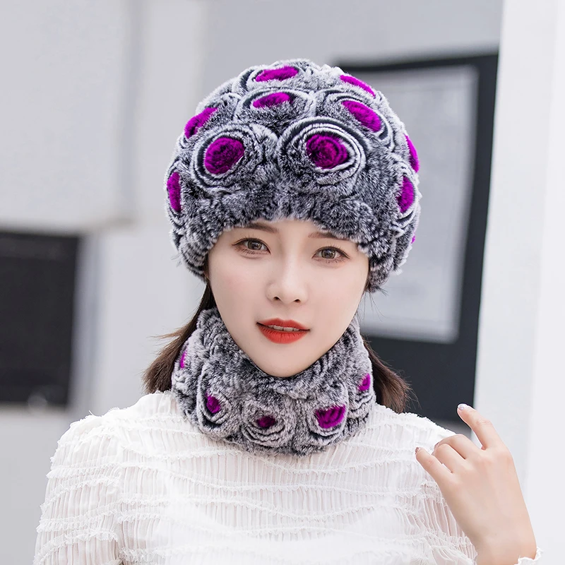 Winter Knitted 100% Natural Fur Hats Scarves Sets Women Warm Real Rex Rabbit Fur Hat Scarf Lady Fashiom Thick Rex Rabbit Fur Hat 3