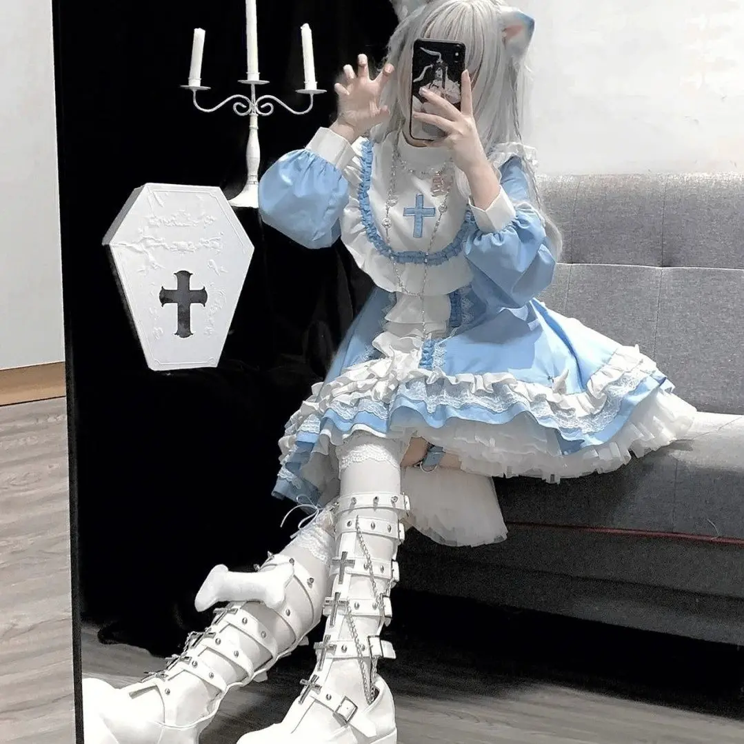 

Japanese Gothic Nun Lolita OP Maid Dress Women Ruffles Blue White Patchwork Princess Dresses Girl Harajuku Tea Party Mini Dress