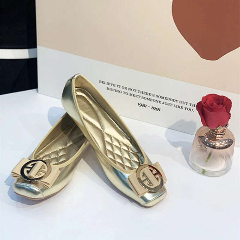 2022 Summer Square Head Flat Shoes Round Buckle Comfortable Casual Ballet Large Size Mother Women Shoes Platform Shoes