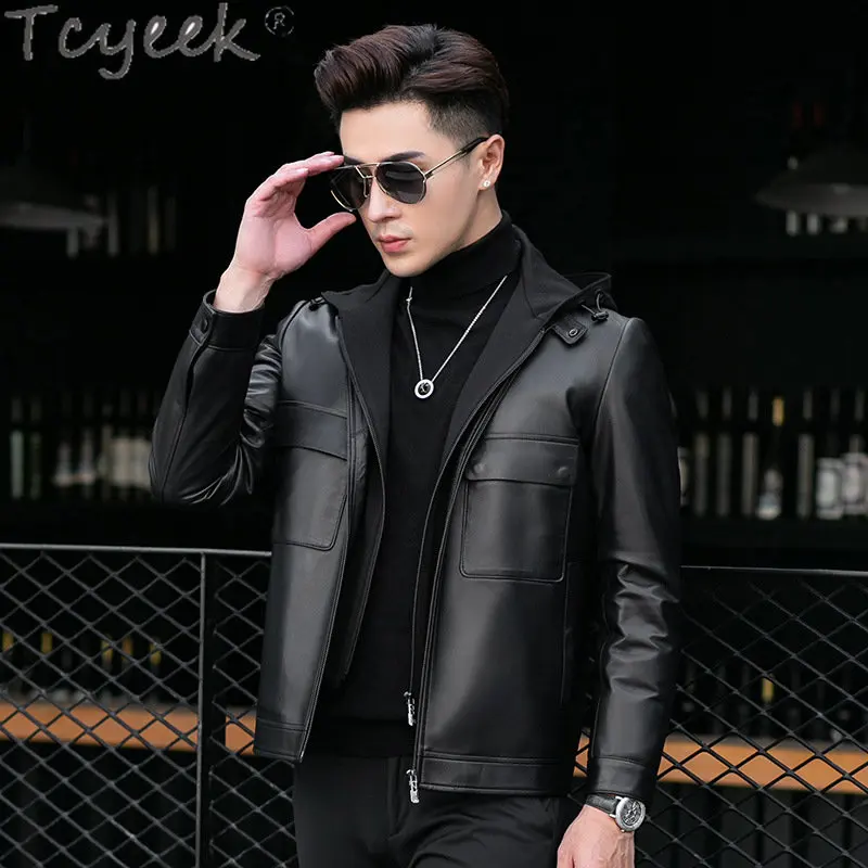 

Tcyeek High-end Real Leather Down Jacket Men Clothing Hooded Genuine Sheepskin Coat for Man Fall Winter Chaquetas Hombre Tide