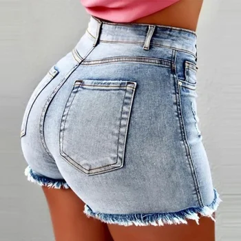 High Waisted Jeans Slouchy Jeans Hot Selling Women's Denim Shorts with Tassels and Holes 1