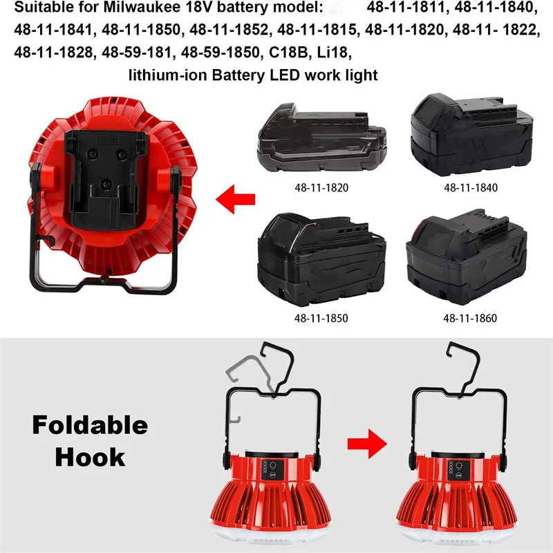 24W 2400LM Portable LED Work Light with Hook For Makita/Bosch/Dewalt/Milwaukee/B