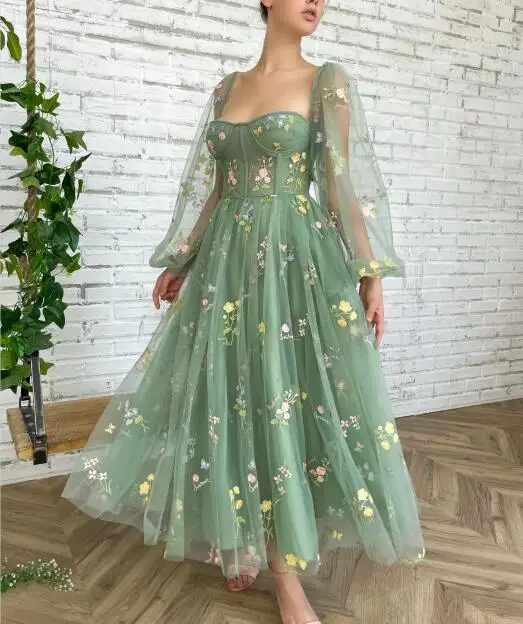 

Green Moroccan Evening Dresses A-line Sweetheart Long Sleeves Tulle Appliques Turkey Dubai Saudi Arabia Prom Dresses Gown