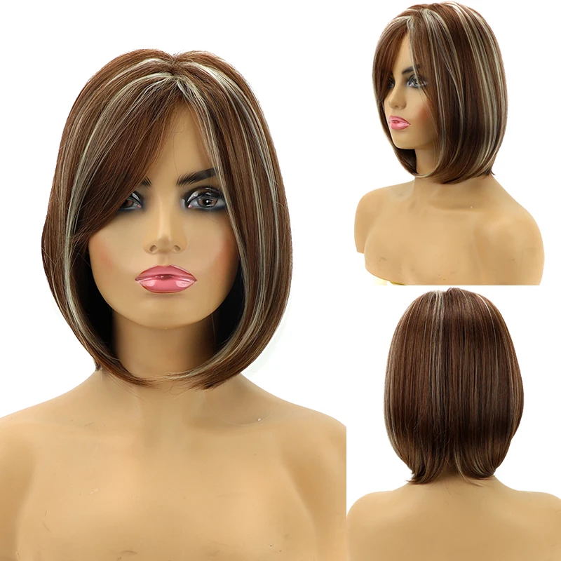 Synthetic Wigs Brown Bob Wig for Women Short Straight hair Wigs With Side Part bangs Wig Cosplay Wigs for