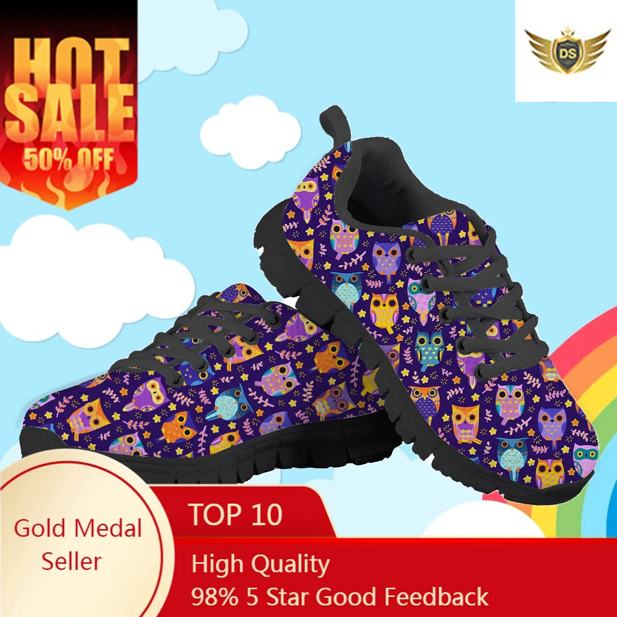 Fashion Owl Purple Cartoon Pattern Mesh Sneakers For Teenage Kids Casual Lace Up Flat Shoes Lightweight Children Shoes Footwear