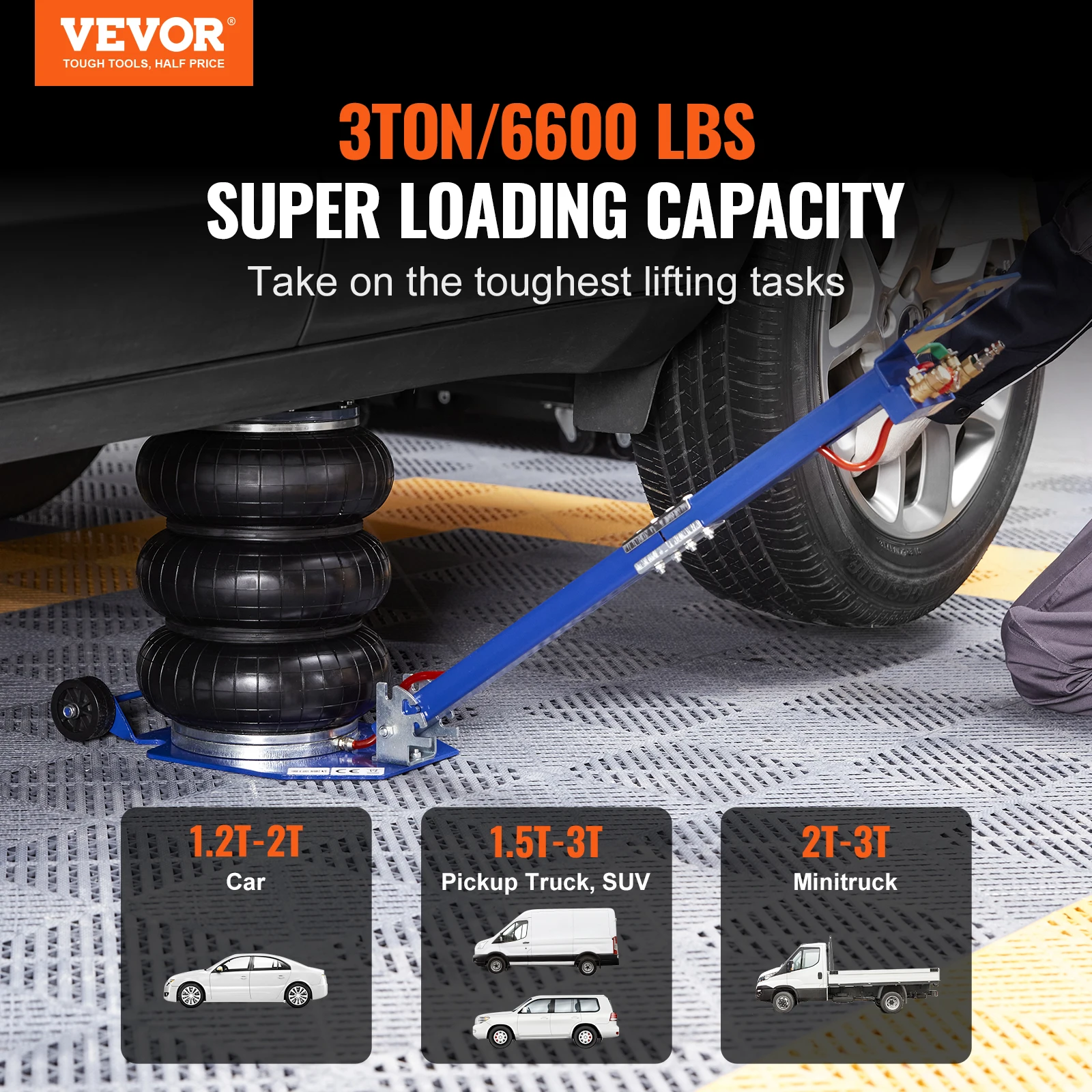 VEVOR Pneumatic Jack 3 Ton/5 Ton Triple Bag Air Jack Quick Lift Heavy Duty Car Repair Jacks Folding Rod Jacks with Two Wheels