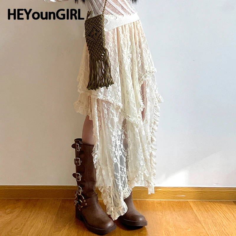 HEYounGIRL Lace Asymmetrical Skirt Fairycore Holiday Women Y2K Clothes High Waist Fashion Cute Mid Skirts Vintage Aesthetic Lady