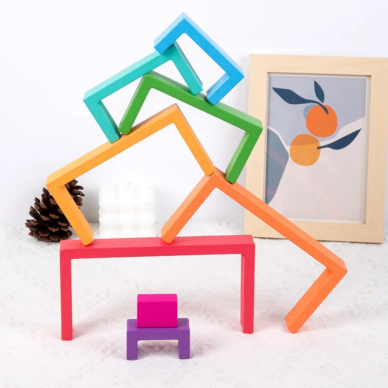 Montessori Wooden Rainbow Stacking Game Eight Layers Square/Arch Colorful Stacker Color Recognition Building Blocks Toys Building Blocks Wooden Toys Wooden Blocks Wooden Stacking Toys Stacking Blocks