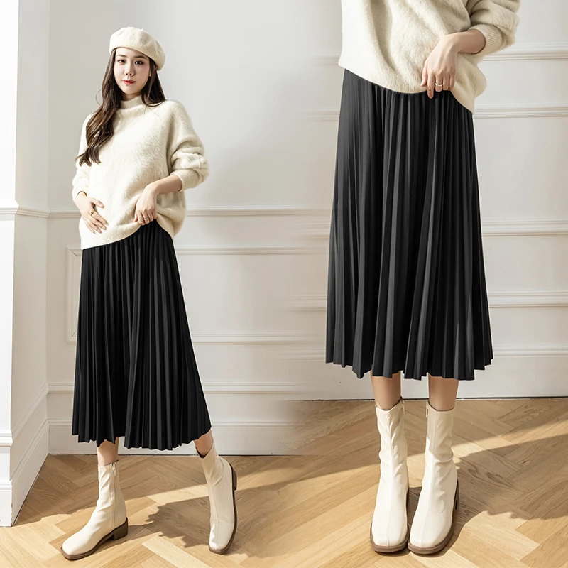 8458# Autumn Winter Korean Fashion Pleat Maternity Skirts Elastic Waist Belly Loose Clothes for Pregnant Women Casual Pregnancy