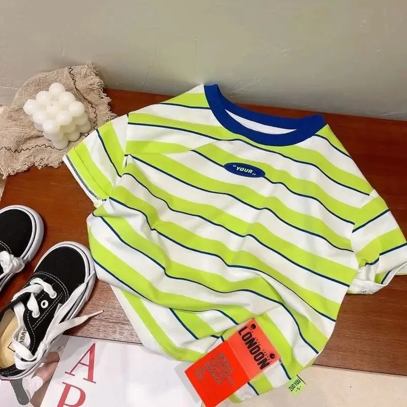 Summer Striped TShirt Fashion Casual Short-sleeved Tops Babies Cotton Thin Round Neck Tops Boys Toddler Cpstume Contrast Tees 3