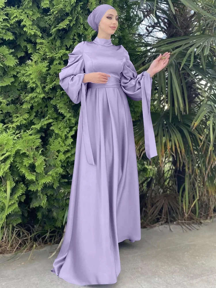 

Elegant High Neck Satin Femme Vestido Muslim Women Clothing Abayat Arab Turkey Cuff Bow Kaftan Dubai Long Woman Evening Dresses