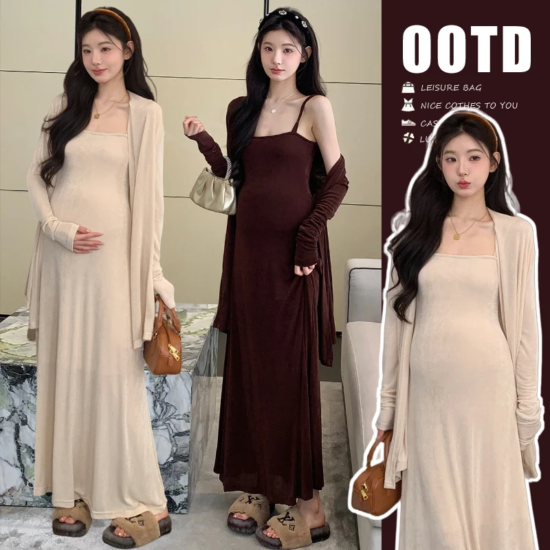 봄맞이 임부복 세트 2026년 초봄 신상 슬리밍 탄력 홀터넥 드레스 숄 가디건 투피스 세트 (임산부용)