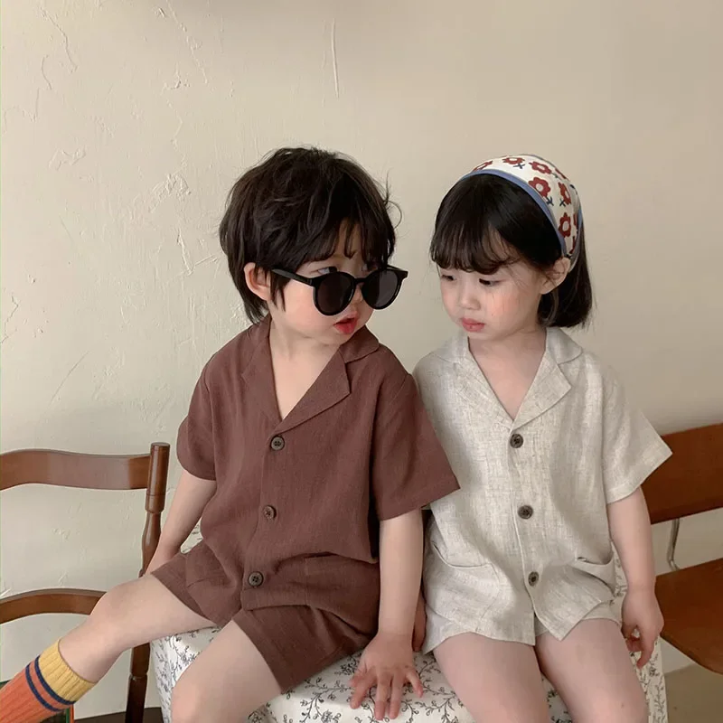 Summer Girls Clothes V-neck Single Breasted Shirt and Linen Shorts 2 Pcs Boys Suit boys clothing set girls clothing set kids clothing set