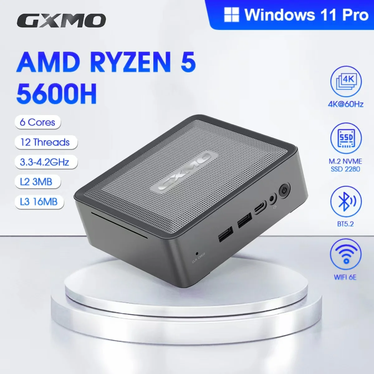 

GXMO Mini PC H56 AMD Ryzen 5 5600H M.2 NVME SSD Wins 11 WiFi 6E BT 5.2 RJ45 1000M 4K Tripple Display HDMI WIN11 Computer Mini