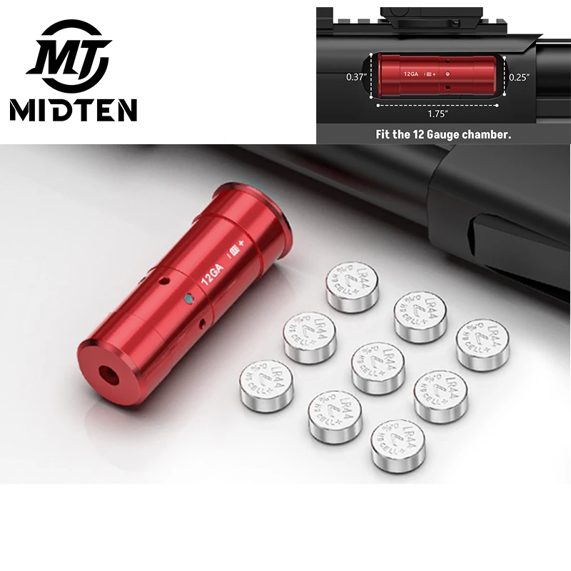12GA Gauge Bore Sight Red Laser Dot Boresighter with 9 Batteries Cartridge Scopes Hunting Aiming Optical Instru