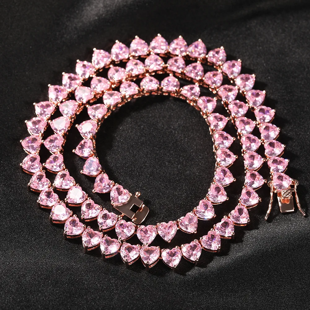 

2022 Heart Shape Zircon 3 Colors Bling Bling Iced Out Brass Chain CZ Necklace Fashion Hip Hop Jewelry BN036