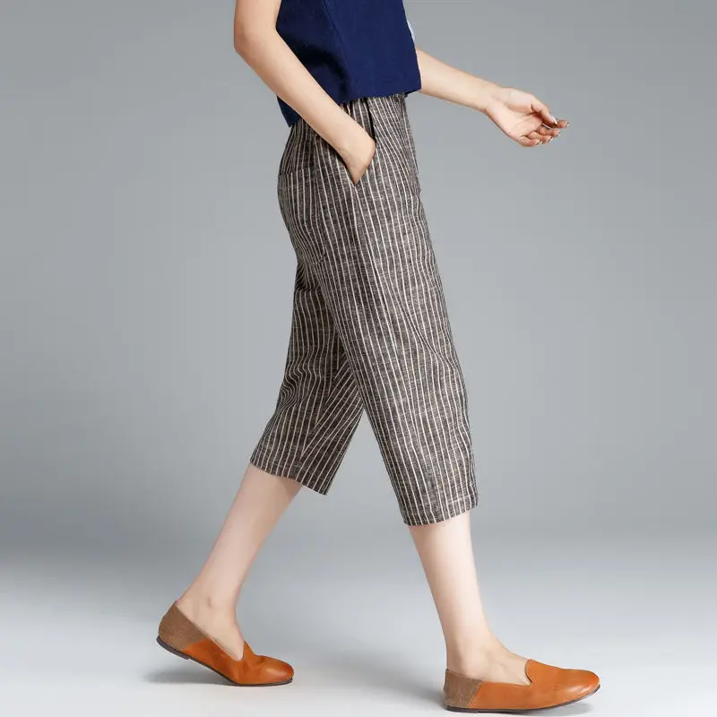 Summer Slim Fit Women's 2024 Patchwork Elastic Waist Patchwork Striped Pockets for Casual Elegant Cotton and Linen Cropped Pants