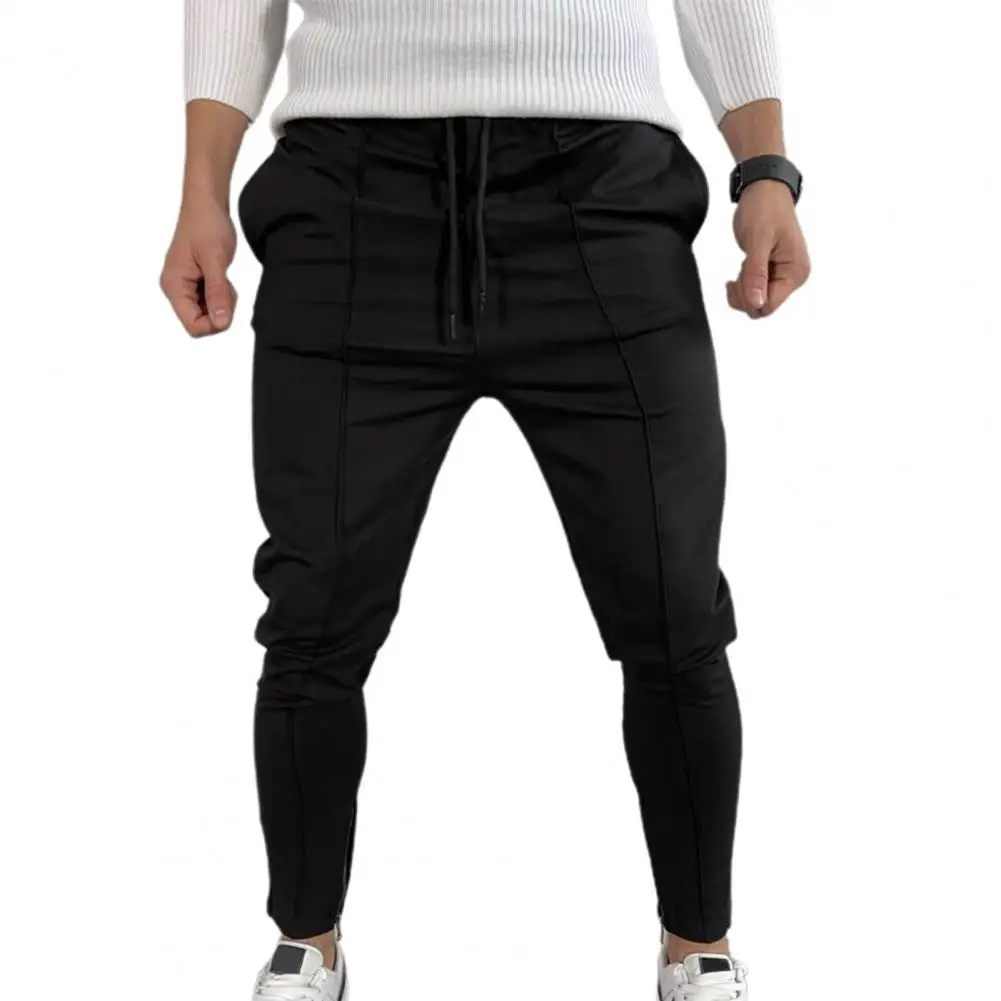 Male Sweatpant Side Pockets Zipper Cuffs Casual Trousers Stretchy Solid Color Adjustable Drawstring Men Fitness Pants